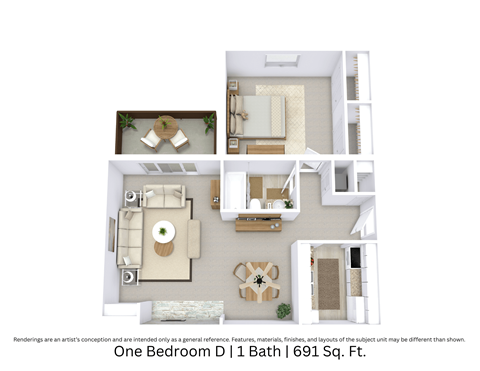 3D floor plan showing an angled view of One Bedroom D with furniture arrangement and room flow across 691 Sq. Ft.